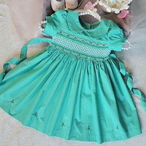 Turquoise Hand-Smocked Embroidered Baby Girl Dress. Easter Dress. Size 12M - 4T